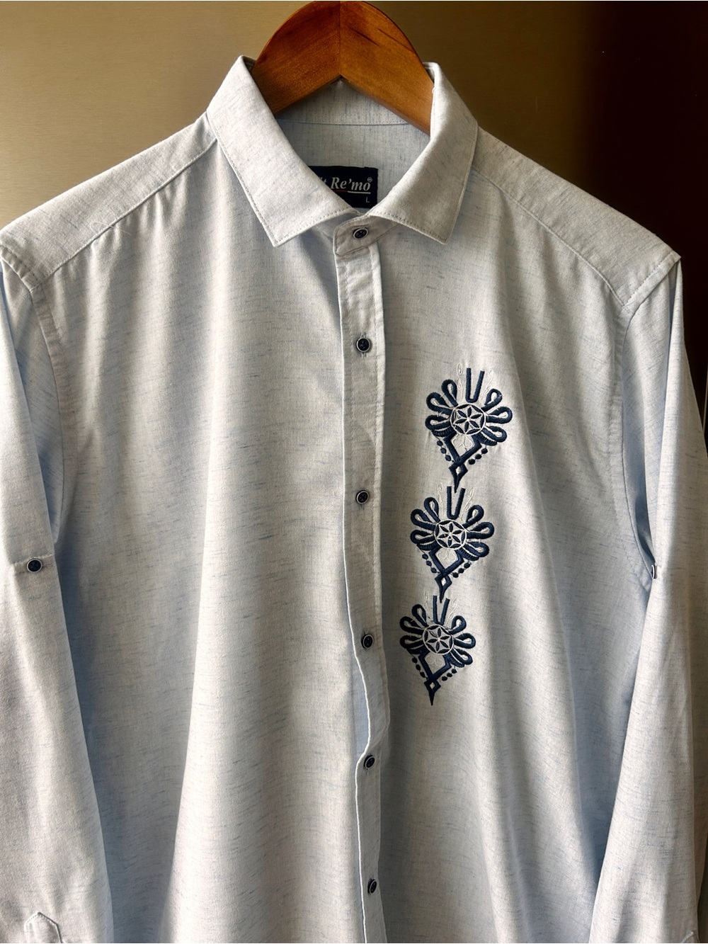 St Re’mo 100% Linen Shirt L Blue Embroidered Roll Tab Button Down
